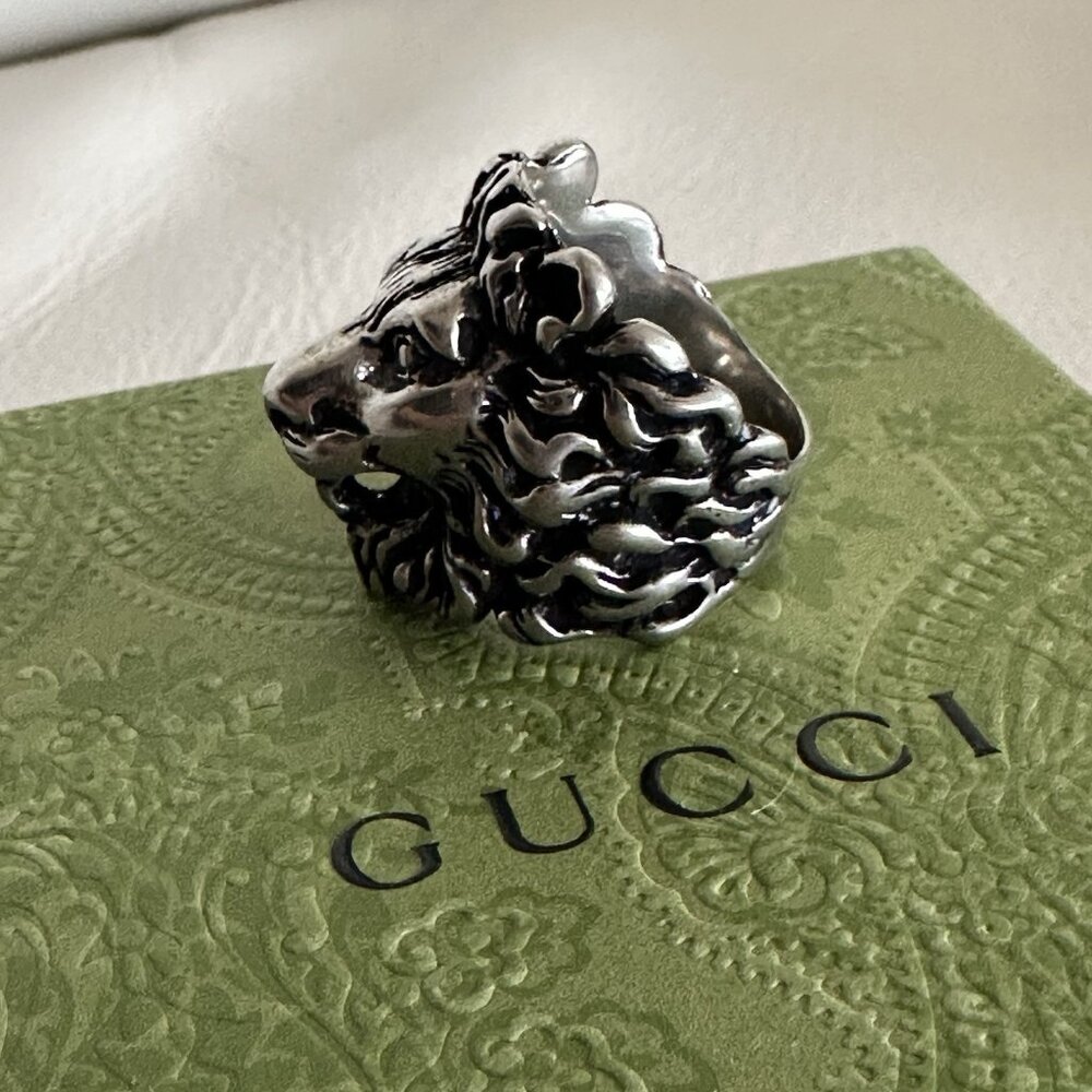 NEW GUCCI Ring Lion Silver Palladio Black Sz 23 IT 10.5 US 100% Authentic - Picture 5 of 7